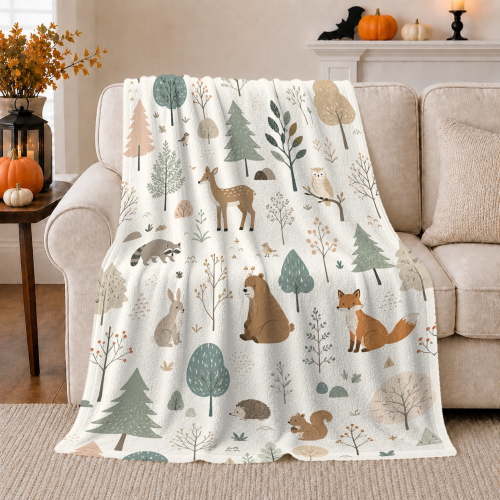 Whimsical Woodland Forest Animals Nature Lover, Cozy Woodland Scene, Warm Flannel Blanket for Cabin and Lodge, Wildlife Lovers Housewarming Gift, Rustic Home Decor