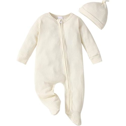 Baby Infant Newborn Boys Girls Solid Ribbed Romper Jumpsuit with Hat Set 2PCS Boys Clothes 8 10 (Beige, 0-3 Months)