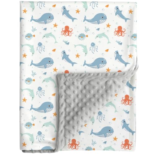 FIGEPO Ocean Baby Blanket Blue Whale Gender Neutral Minky Blankets for Newborn Baby Girls or Boys Undersea World Nursery Toddler Double Layer Blanket with Dotted Backing Sea Animal Printed (Blue)