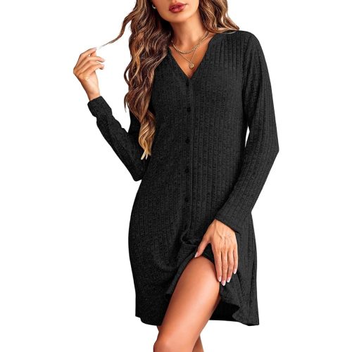 Ekouaer Nightgowns for Women Button Down Night Shirt Long Sleeve Ribbed Knit V-Neck Sleepwear Pajama Dress
