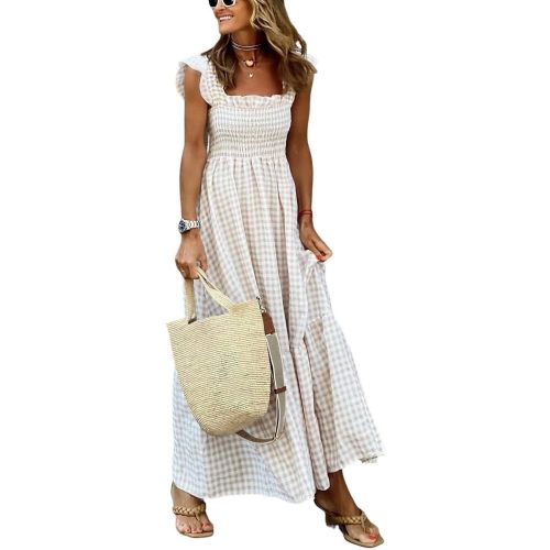 ebossy Women's Fashion Plaid Dress Sleeveless Smocked Ruffle Pleated Boho Party Beach Gingham Maxi Dresses