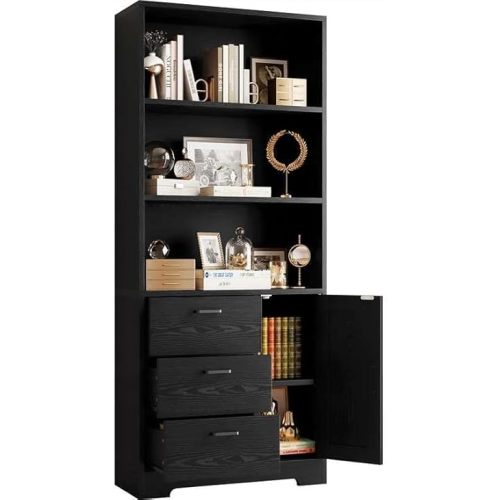 IRONCK Bookshelf with Doors and 3 Drawers 71 in Tall Bookcase with 3-Tier Shelves, Industrial Book Shelf with Storage for Living Room Entrance Hallway Home Office, Black