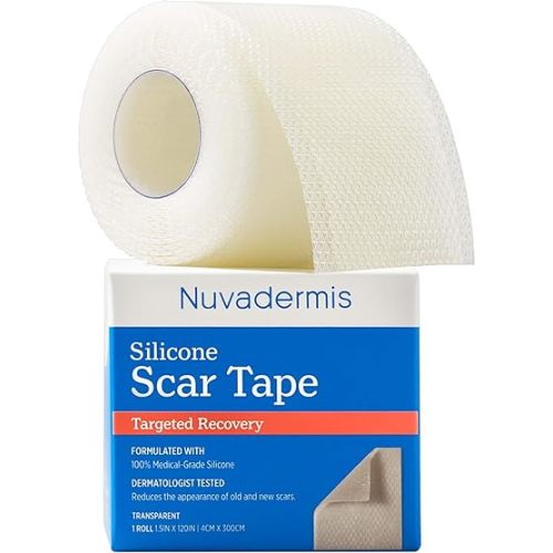 NUVADERMIS Clear Silicone Scar Tape for Surgical Scars - 120" x 1.5" Roll - Extra Long Scar Sheets for C-Section, Tummy Tuck, Keloid, and Surgical Scars - Reusable Medical Grade Silicone Scar Tape