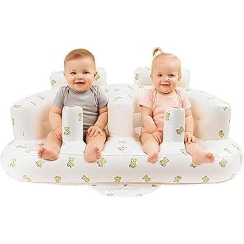 Baby Inflatable Seat for Twins Babies 3 Month and Up, Side-by-Side Double Inflatable Floor Chair for Sitting Up with Built in Air Pump, Blow Up Baby Chair for Infants - Twins Bear