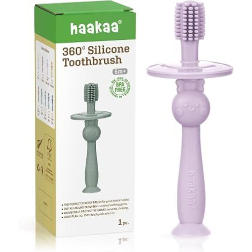 haakaa 360° Baby Toothbrush with Suction Base - Gentle Cleaning for Infant Self-Brushing Training, Sorft Food-Grade Silicone, Baby Teething Relief - Lavender, 1 Count