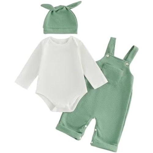 Newborn Baby Boy Clothes Infant Long Sleeve Romper Waffle Suspender Overalls Pants Hat Set Fall Winter Outfits