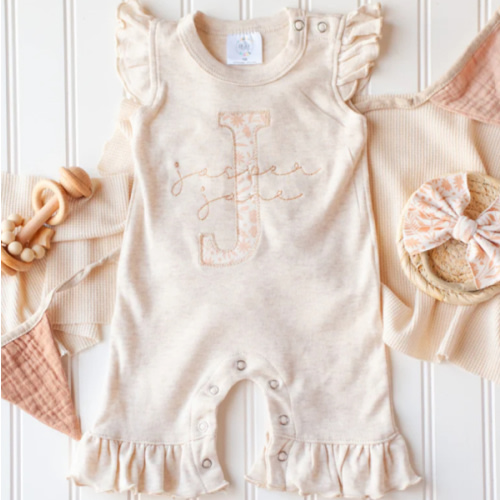 Personalized Baby Girl Outfit | Oatmeal Flutter Sleeve Ruffle Romper T – Wonderfully Made