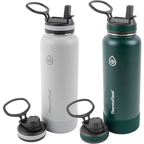 ThermoFlask Bottle with Spout Lid - Stainless Steel Water Bottles with Double-Wall Insulation & BPA-Free Spout Lids - Leak-Proof Reusable Bottles & Lids - 40 oz, Gray Pine (2 Pack)