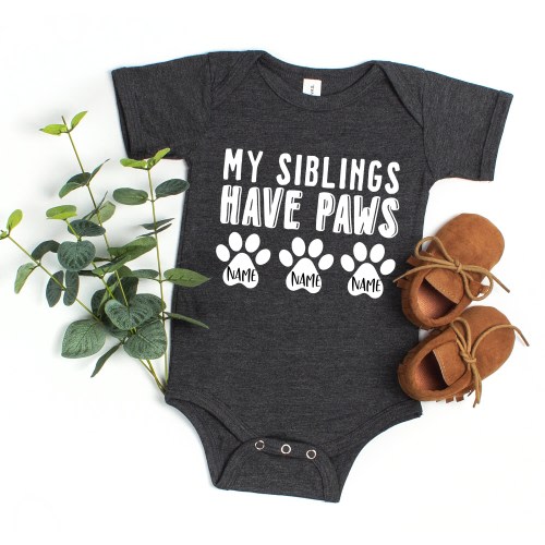 My Siblings Have Paws Romper®, Pregnancy Announcement Baby Bodysuit, Pregnancy Announcement Romper®, Cute Baby Shower Gift Dog Bodysuit Gift