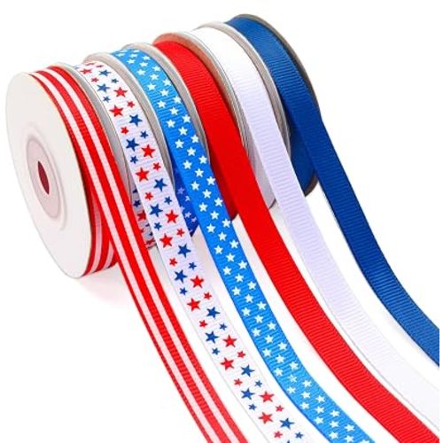 Patriotic Ribbon, 6 Rolls 60 Yards Red White Blue Grosgrain Ribbons
