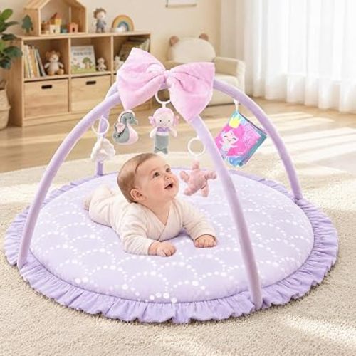 SULIFEEL Plush Baby Girl Play Gym, Extra Thick Playmat with Sensory Toys