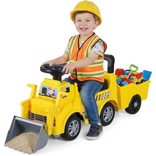HONEY JOY Ride On Tractor with Trailer, Kids Excavator Bulldozer with Shovel, Seat Storage, Engine Sound, Music, Manual Control Bucket, Ride On Construction Vehicle for Toddlers Boys Girls, Yellow