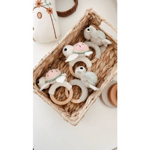 Personalized Crochet Turtle Baby Rattle Teether – Handmade Organic Cotton & Maple Wood Toy