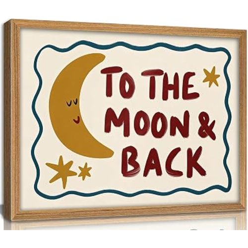 Framed To The Moon and Back Nursery Wall Art Cute Moon and Stars Wall Decor Whimsical Nursery Painting Picture Colorful Celestial with Love Quote Poster Print Artwork for Kids Room Baby Room