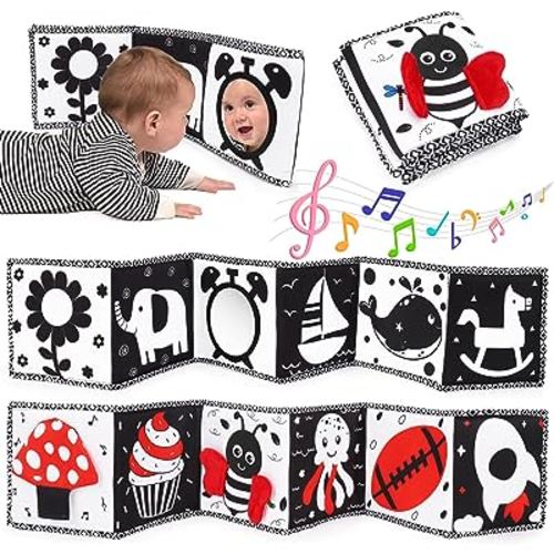 Black and White High Contrast Toys for Baby 0-3 3-6 months Infant Tummy Time Soft Book Sensory Musical Toy 0-2-4-6 month Babies Brain Development Crinkle Book Mirror Newborn Shower Gifts Boys Girls