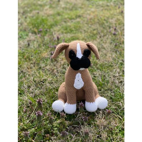 Handmade crocheted Boxer inspired amigurumi stuffed plush toy