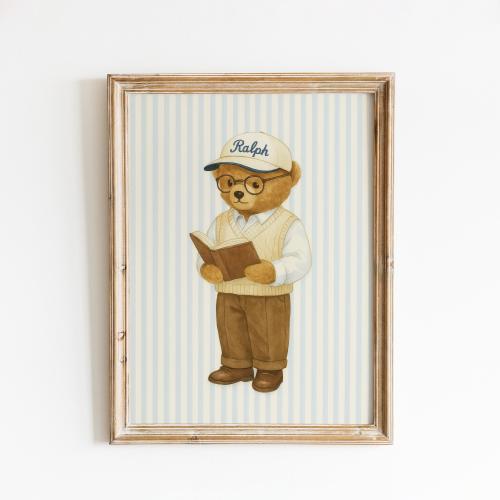 Reading Bear Poster – Vintage Ralph Teddy Wall Art for Kids