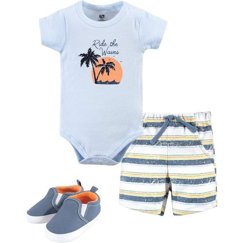Hudson Baby Unisex Baby Cotton Bodysuit, Shorts and Shoe Set
