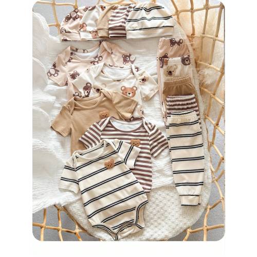 SHEIN 15pcs/Set Newborn Baby Girls' Casual Cute Knitted Striped Bear Print Short Sleeve Jumpsuit & Hat Outfit Set Cartoon Neutral
