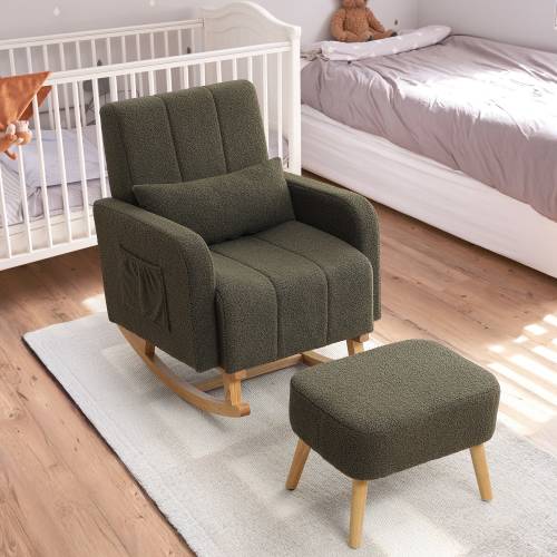 HOMYKA 27.95” Rocking Chair, Teddy Velvet Fabric with Pillow and Ottoman