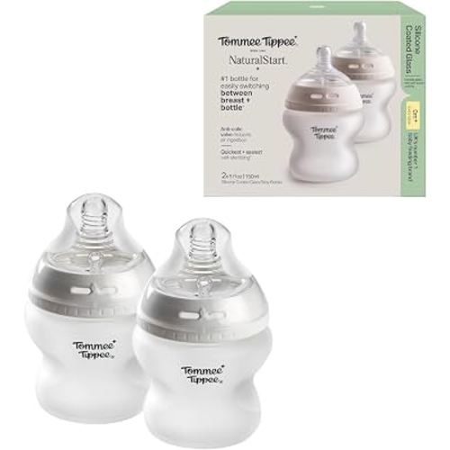 Tommee Tippee Silicone Coated Glass Baby Bottles, Anti-Colic, 0m+, 5oz | Pack of 2, Slow Flow Breast-Like Nipple, Shatter-Proof Glass, BPA Free