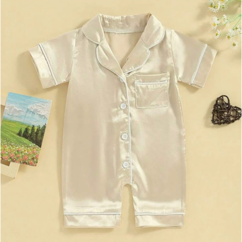 Baby Girls Summer Jumpsuit Pajama Short Sleeve Lapel Solid Color Button Up Sleepwear | SHEIN USA