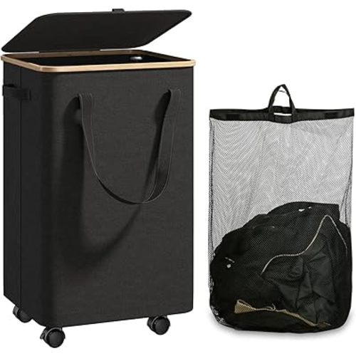 Large Laundry Basket with Wheels,100L Tall Laundry Hamper with Lid and Removable Liner Bag,Collapsible Dirty Clothes Hamper for Bathroom,Bedroom,Dorm & Laundry Room,Black