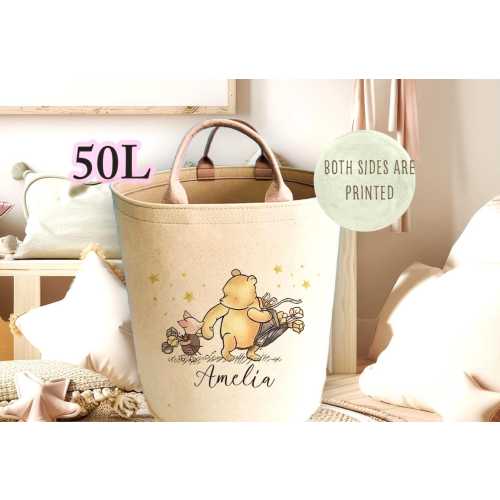 Personalised Large Pooh bear and pig beige toy basket, Kids quality storage tub, bespoke nursery item, neutral colour bins for baby item