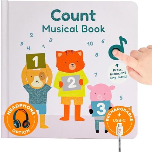 Cali's Books Numbers Music Book for Toddlers 1-3 Years Old | Headphone Jack for Private Listening, USB-C Rechargeable, Learn to Count Musical Book