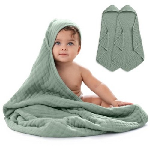 Baby Hooded Muslin Cotton Towel for Kids by Comfy Cubs, Fern, 2 Pack