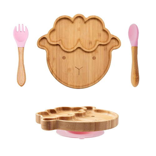 Baby Bamboo Suction Plates Set with Spoons & Fork, Baby Food Dishes Feeding Set for Led Weaning Plate, Baby Utensils Set, BPA Free (Pink)