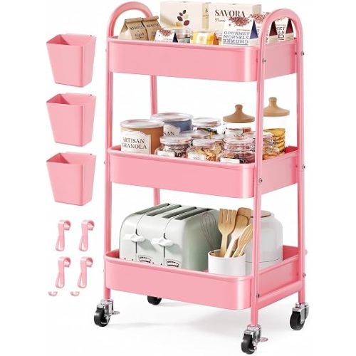 3 Tier Rolling Storage Cart Metal with Wheels, Pink Three Tiered Craft Cart Organizer on Wheels, Utility Carts for Baby Nursery, Diaper Caddy, Art, Book, Snack, Nail, Makeup, Bathroom Supplies, Mesh