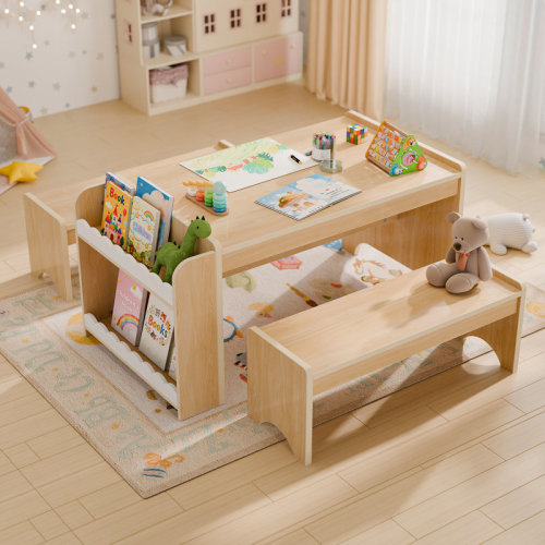 Hokku Designs Kids Table And Chairs Set, Montessori Kids Table And Bench Set, Wooden Activity Table, Indoor Kid Craft Tables With Storage, Toddler Desk For Home, Classroom & Reviews | Wayfair