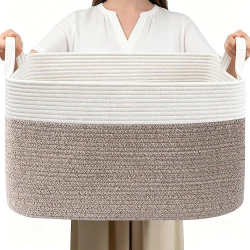 65L Laundry Basket with Handles, Woven Blanket Basket, White/Brown | 21"×16"×12" Collapsible Cotton Rope Storage Basket for Toys Clothes & Pillows, Nursery, Bathroom, Bedroom, Living Room