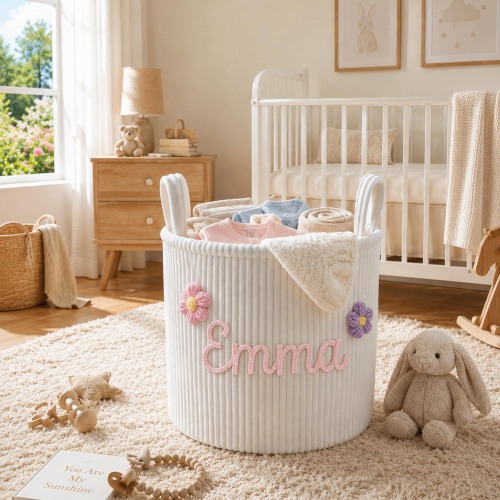 Personalized Corduroy Nursery Basket, Custom Name Toy Basket, Baby Shower Gift, Kids Laundry Hamper, Nursery Storage Bin, Handmade Baby Gift
