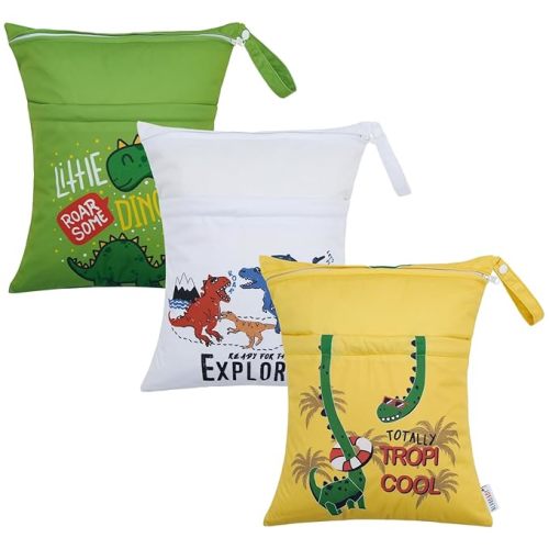 ALVA ALVABABY 3pcs Cloth Diaper Wet Dry Bags Waterproof Reusable with Two Zippered Pockets Travel Beach Pool Daycare Soiled Baby Items Yoga Gym Bag for Swimsuits or Wet Clothes 3L-ZM25A