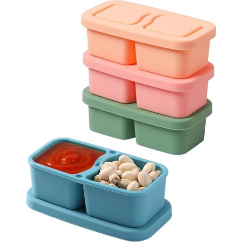 4 Pack Silicone Snack Containers with Lids, 6.8 Oz Double Compartment Food Storage Containers for Picnic, School, Office, Travel Meal Prep and Kitchen Storag