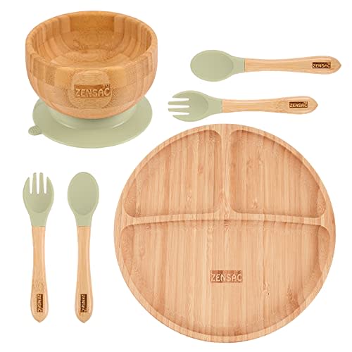 6PCS Bamboo Baby Feeding Set, Baby Suction Bowl & Plate with Silicone Spoons & Forks, Wooden Feeding Supplies for Infant & Toddlers, Baby Led Weaning Supplies Non Slip & BPA Free (Green-Round)