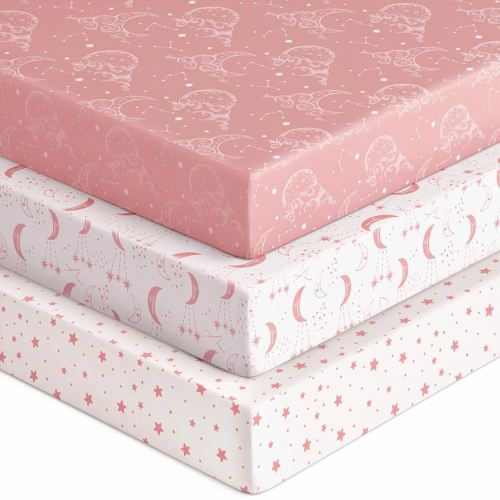 Baby Crib Sheets for Boys Girls, Fitted Crib Sheet Neutral 3 Pack for Standard Crib and Toddler Mattress, Breathable Soft Microfiber Baby Sheet 28x52x8in Pink White Moon
