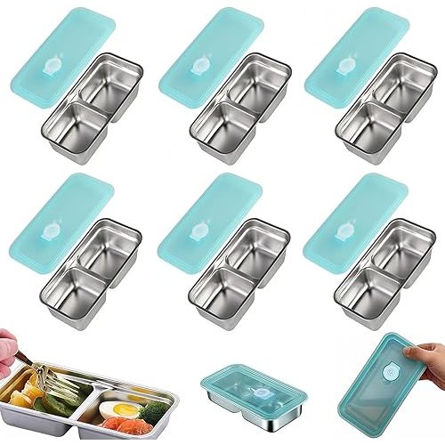 Ayland Grab and Go Snack Containers Reusable, 6 Pcs Stainless Steel Double Compartment Snack Containers, Dishwasher- Reusable Condiment with Lids for Snacks Dips and Outdoor Camping