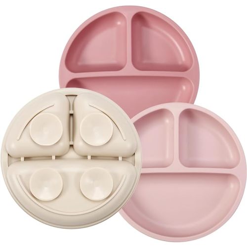 PandaEar 3 Pack Toddler Plates, Silicone Divided Suction Plate for Babies, BPA-Free 100% Food-Grade Silicone Unbreakable Baby Plate (Pink/Linen/Light Pink)