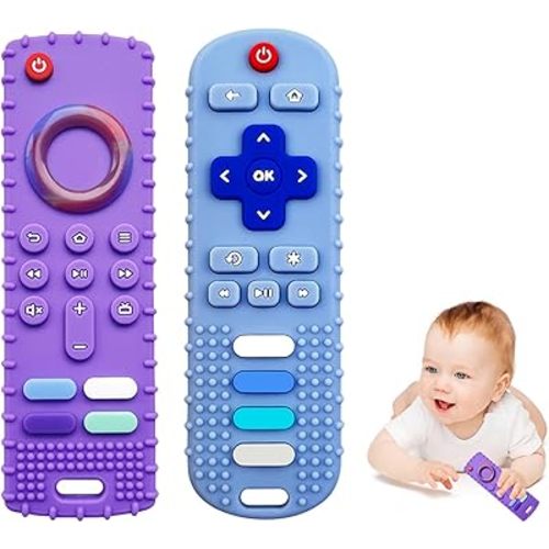 2-Pack Silicone Baby Teething Toys, TV Remote Teethers for 6-12-18 Months Infant, Fire Stick Remote Control Shape Baby Silicone Teethers, Chew Toys for Boys and Girls (New-F Purple+R Blue)