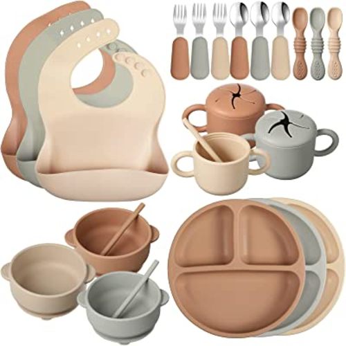 24 Pack Silicone Baby Feeding Set Baby Led Weaning Supplies Includes Suction Divided Plates Soft Bowl Spoons Forks Adjustable Bib Snack Cup and Straws for Baby Eating (Walnut Color, Beige, Smoky Gray)