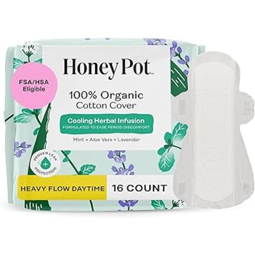 The Honey Pot Company - Herbal Sanitary Pads for Women - Heavy Flow w/Wings - Infused w/Essential Oils for Cooling Effect & Organic Cotton Cover - Feminine Care - 16 ct