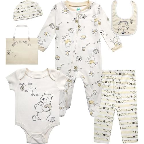 Disney Newborn Baby Girl Boy Clothes - 7 Piece Mickey Mouse Winnie the Pooh Bib Onesie Overall Beanie Pants Gift Bag Gift Set