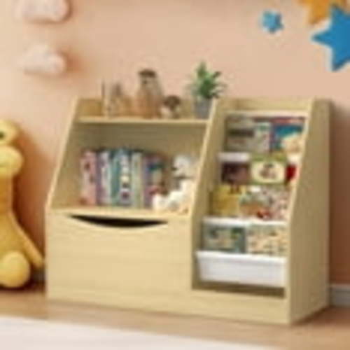 Masiis 3 Tier Kids Bookshelf, Kids Bookcase Children Bookshelves Natural Toy Storage Organizer with 4 Layer Sling Bookcase for Playroom Kids Room, Flip-Top Drawers