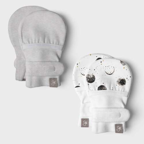 Goumikids Stay-On 2-Pack Baby Mitts - Many Moons + Storm Gray: 0-3 months