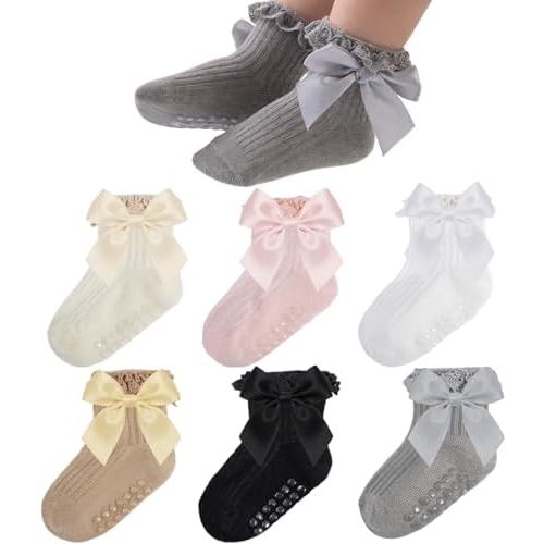 Baby Girl Non Slip Grip Socks with Bows Soft Cotton Toddler Girl Socks with Full Sole Grips Newborn Infant Toddler
