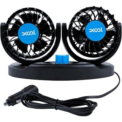 XOOL 12V Fan Car Fan, Adjustable Dual Head 3.5 Inches for Front Seat Passenger, 360° Rotatable Electric Car Cooling Fans with 2 Speed Regulation for SUV, RV, Vehicles