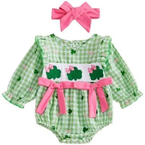 MoZiKQin Baby Girl St Patricks Day Outfit Shamrock Bubble Romper Long Sleeve Clover Onesie Jumpsuit Irish Baby Clothes
